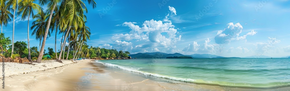 Fototapeta premium Panoramic Tropical Beach with Palm Trees and Blue Sea
