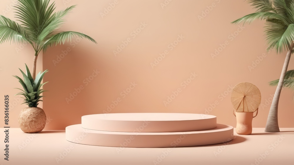 3D podium summer concept. wooden podium on tropical beach with blue sky and trees summer vacation concept 3d rendering 3D podium summer concept. wooden podium on tropical beach with blue sky and trees summer vacation concept 3d rendering