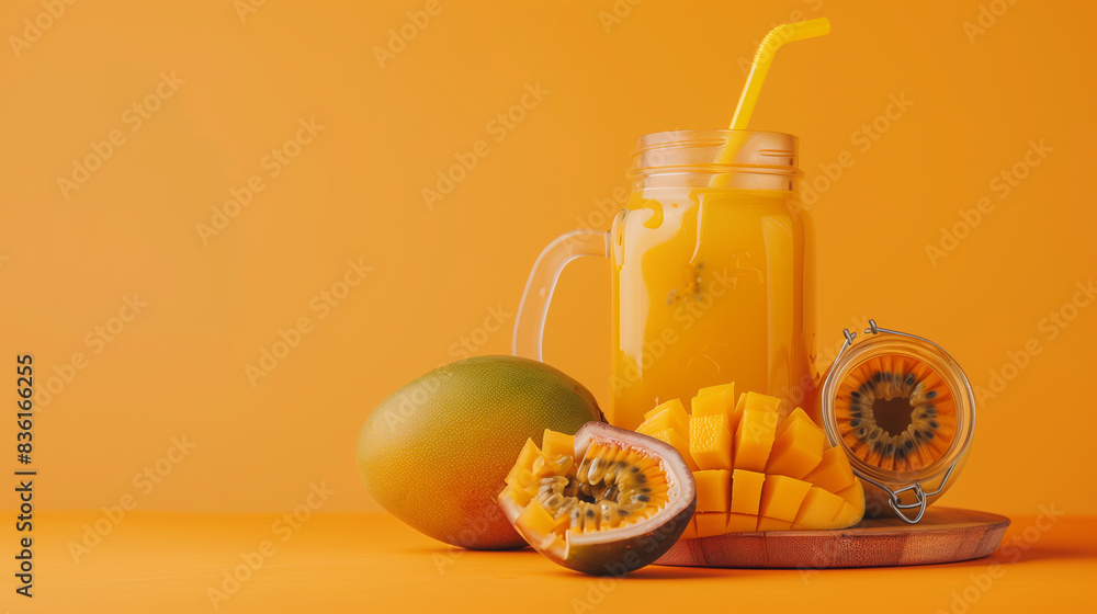 Mango and Passion Fruit Juice on Orange Background Mango and Passion Fruit Juice on Orange Background