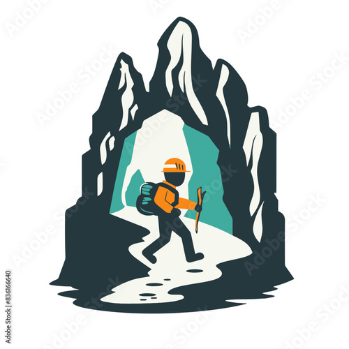 Illustration of a hiker with a backpack entering a mountain cave, ideal for adventure and outdoor themed content.