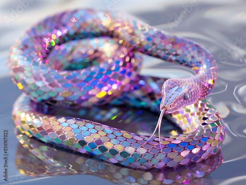 Jewel-Encrusted Cobra: Iridescent Snake Charmer Performance with Pastel-Colored Scales photo