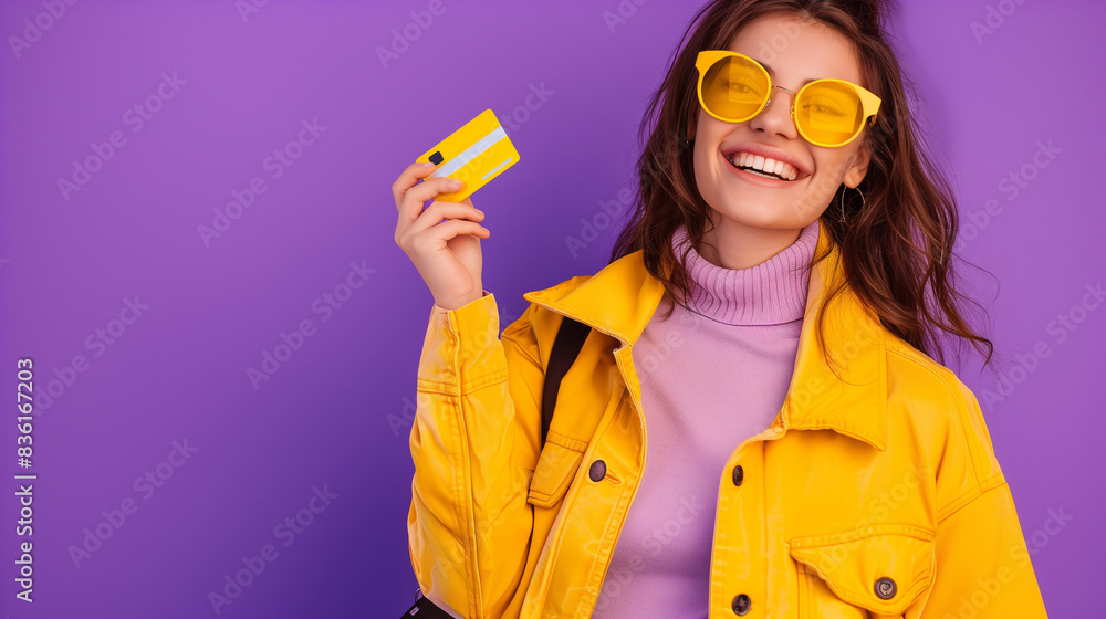 Happy Woman with Credit Card on Purple Background Happy Woman with Credit Card on Purple Background