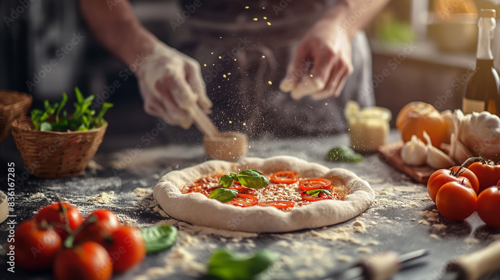 Pizza Dough, Preparation homemade pizza on kitchen table