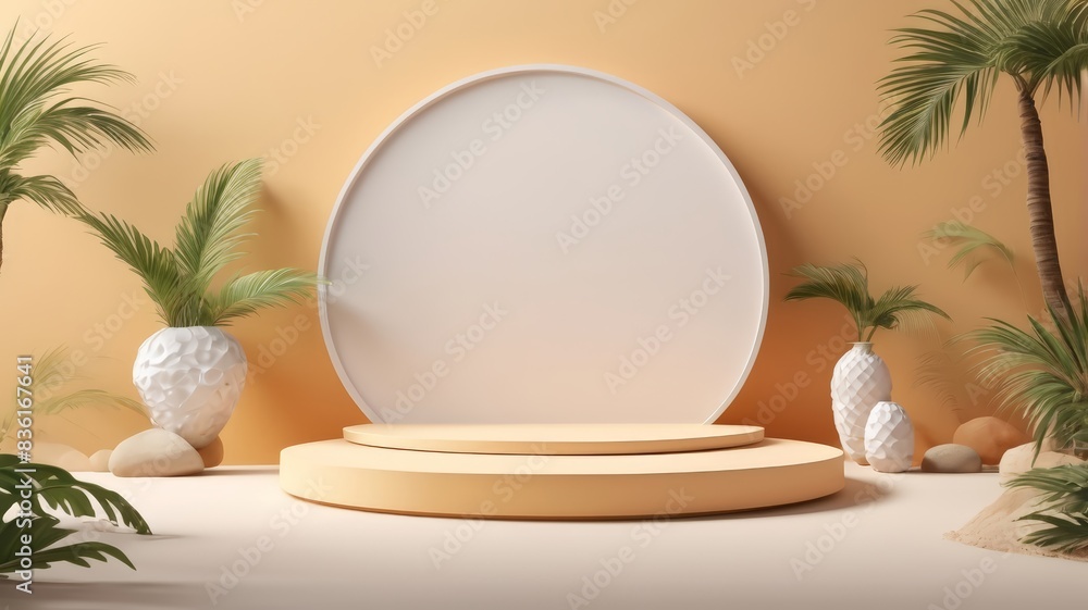 3D podium summer concept. wooden podium on tropical beach with blue sky and trees summer vacation concept 3d rendering 3D podium summer concept. wooden podium on tropical beach with blue sky and trees summer vacation concept 3d rendering