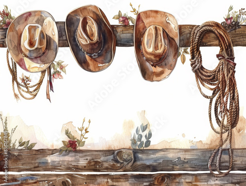 Decorative watercolor illustration of three cowboy hats and rope on rustic wooden fence.