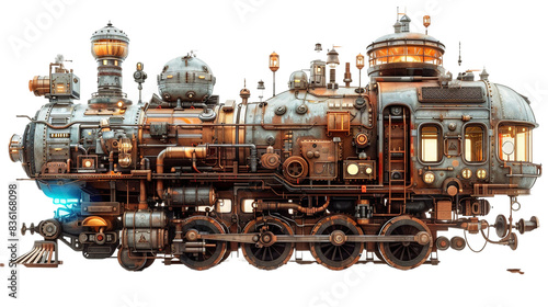 Whimsical peigon amidst a steampunk-inspired machinery on a transparent background. PNG format.  photo