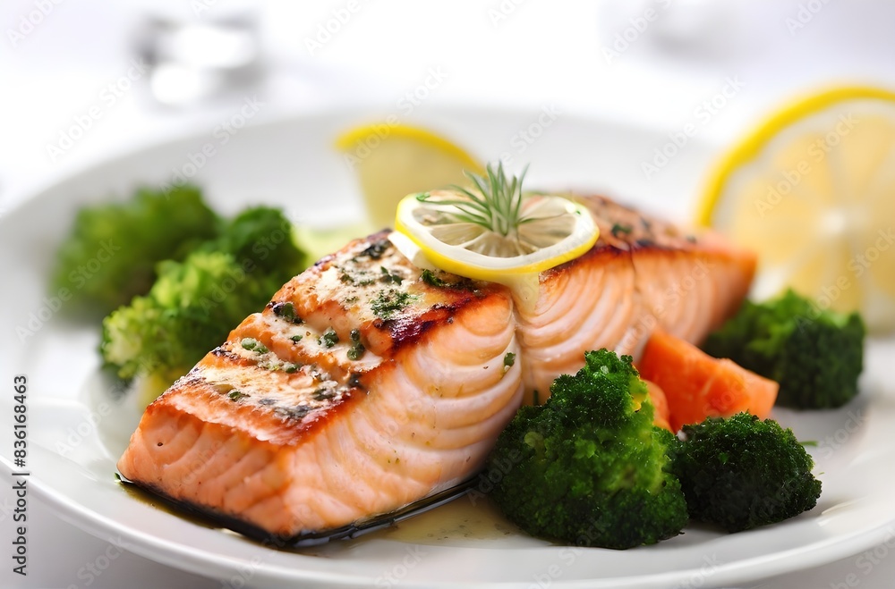 Delicious salmon grilled fish with vegetable close up food photography, fish meat steak with sauce healthy seafood in restaurant with white background. Delicious salmon grilled fish with vegetable close up food photography, fish meat steak with sauce healthy seafood in restaurant with white background.