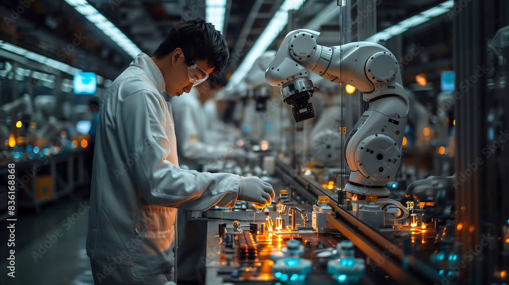engineer is repairing an industrial robot in the factory, surrounded by other robotic arms and various parts on shelves of glass engineer is repairing an industrial robot in the factory, surrounded by other robotic arms and various parts on shelves of glass