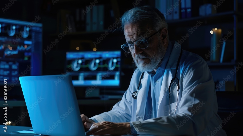 A middle-aged doctor working on a laptop A middle-aged doctor working on a laptop