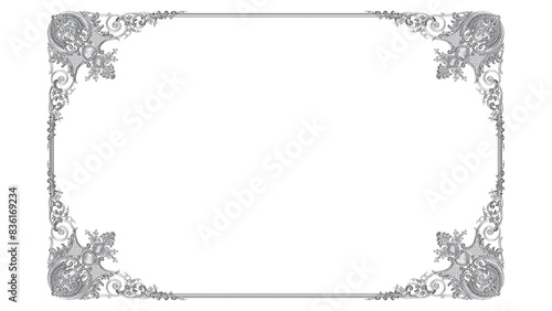 silver floral frame PNG image clear background, ready to use silver metal frame 