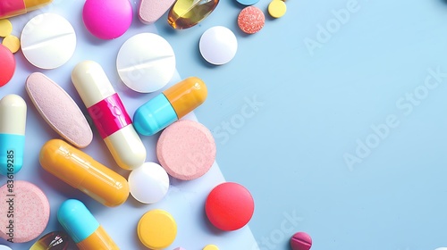 blue background with medicine pills and capsules