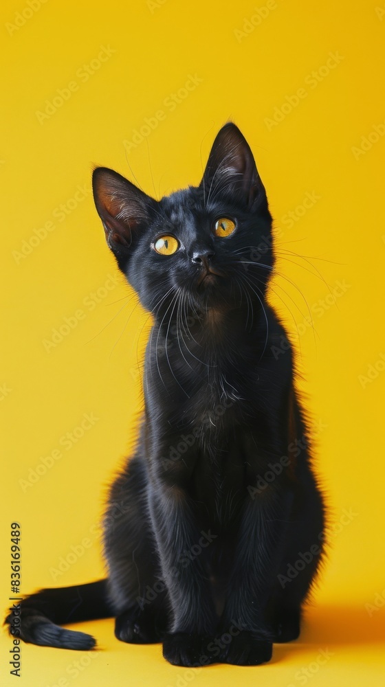 Black kitten with yellow eyes on a yellow background Black kitten with yellow eyes on a yellow background