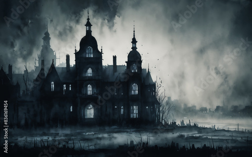 In the dead of night is a towering dark black silhouette of a old Victorian asylum building shrouded in thick fog. photo