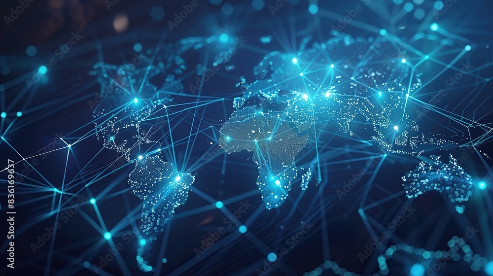 World map with futuristic blue virtual network. Global connection, communication and business concept World map with futuristic blue virtual network. Global connection, communication and business concept