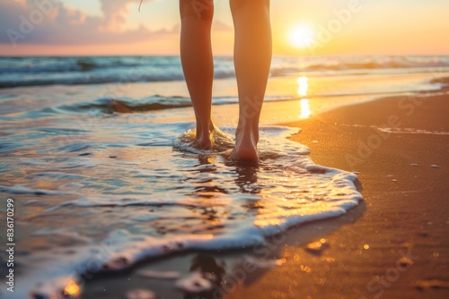 A person strolling on the beach during sunset
