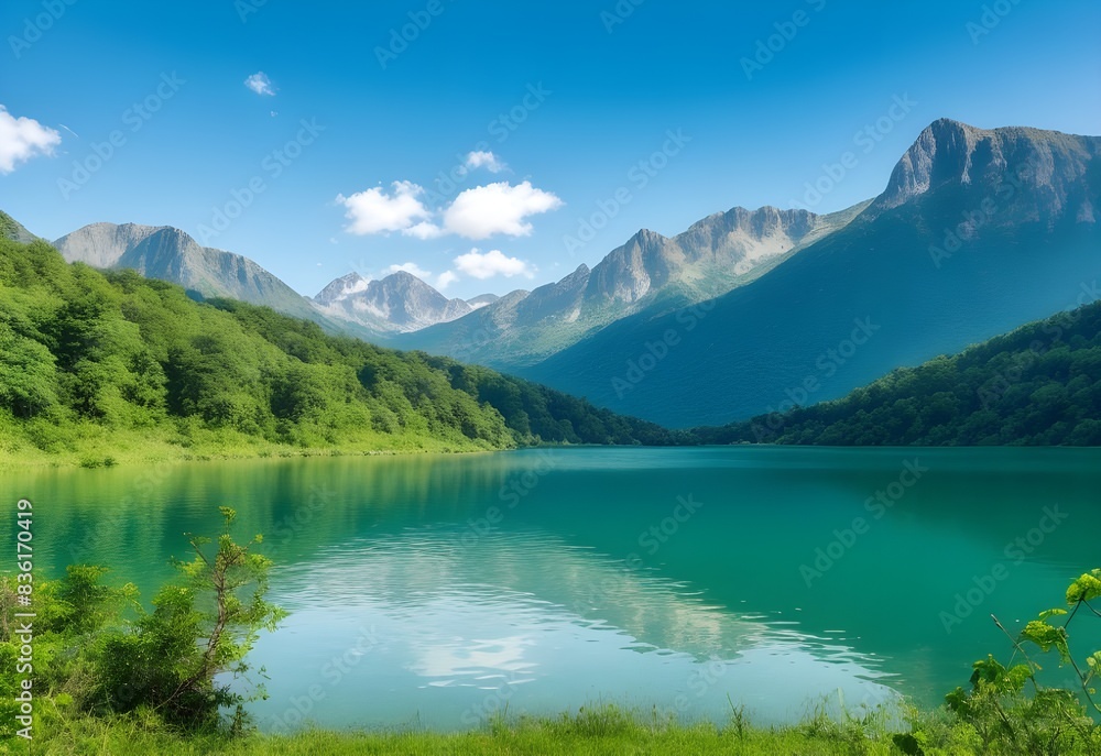 tranquil lake surrounded by mountains and lush green landscape tranquil lake surrounded by mountains and lush green landscape
