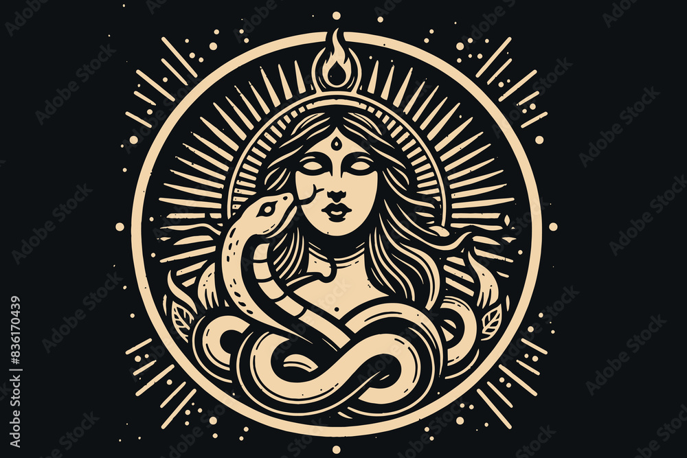 Goddess of snakes. Beautiful woman with a snake. An ancient god. Engraving vector black vintage illustration, emblem, isolated object Goddess of snakes. Beautiful woman with a snake. An ancient god. Engraving vector black vintage illustration, emblem, isolated object