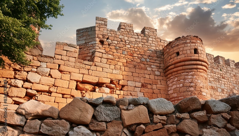 Close-up view of weathered and cracked bricks comprising the ancient stone wall of an 18th-century castle or fortress