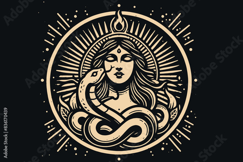Goddess of snakes. Beautiful woman with a snake. An ancient god. Engraving vector black vintage illustration, emblem, isolated object