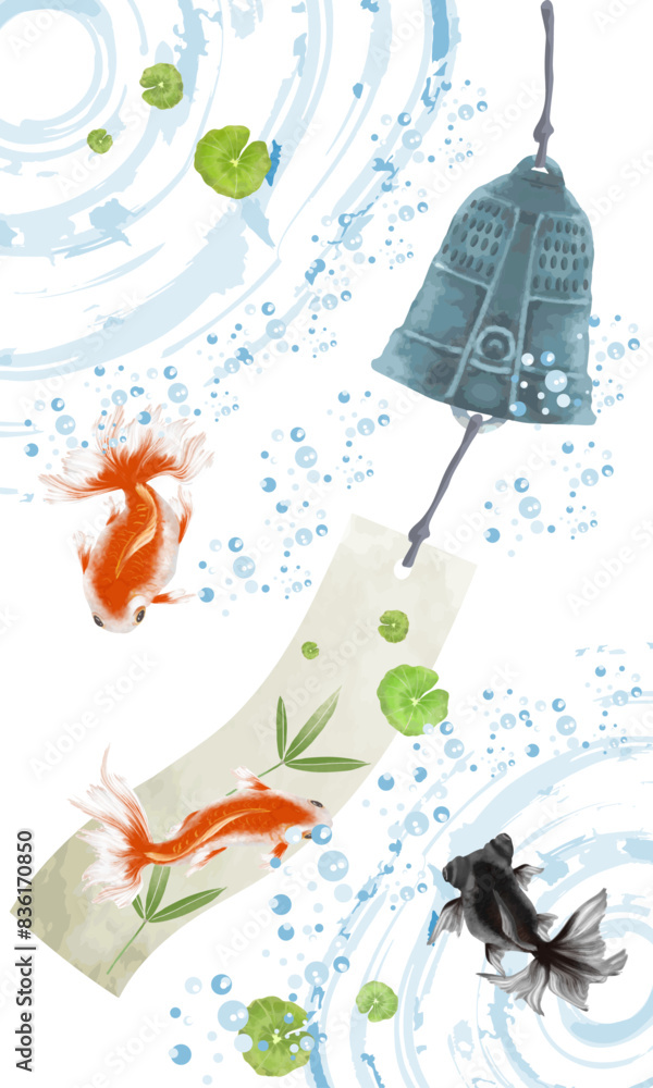 風鈴と泳ぐ金魚のイラスト(水彩画) 風鈴と泳ぐ金魚のイラスト(水彩画)