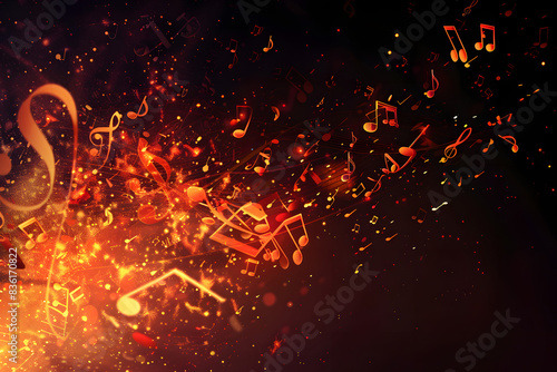 A music note explosion with musical notes flying around, vector illustration, dark background, red and orange colors.