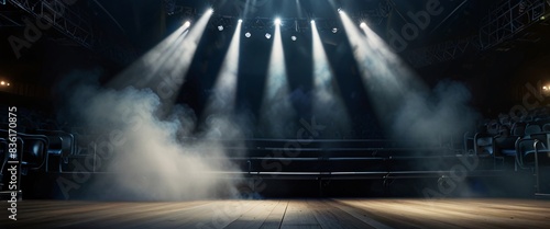 Illuminated stage with scenic lights and smoke. Blue vector spotlight with smoke volume light effect on black background. Stadium cloudiness projector