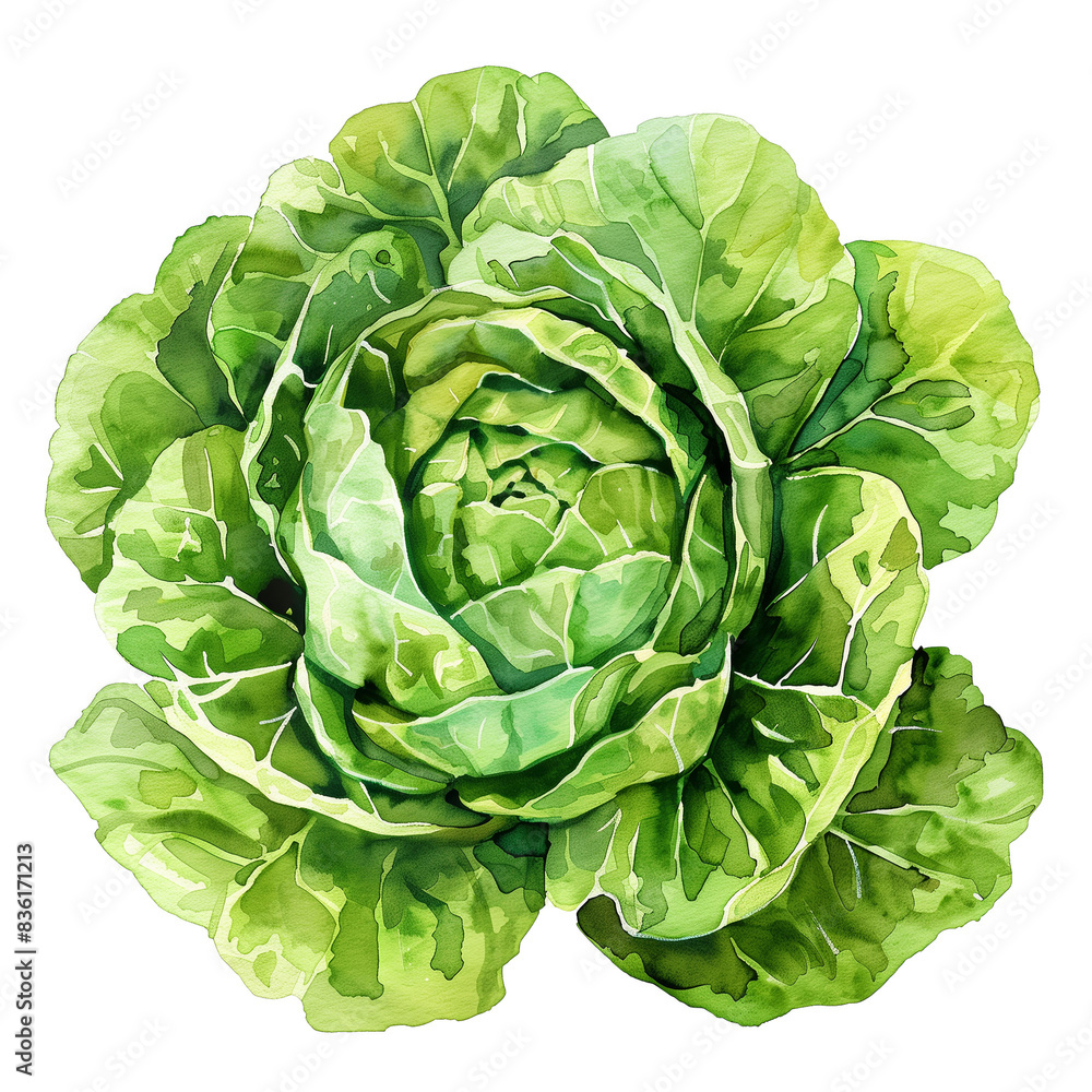 Fototapeta premium A vibrant watercolor illustration of a fresh green cabbage with detailed leaves, perfect for food and botanical projects.on transparent background
