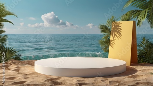 3D podium summer concept. wooden podium on tropical beach with blue sky and trees summer vacation concept 3d rendering