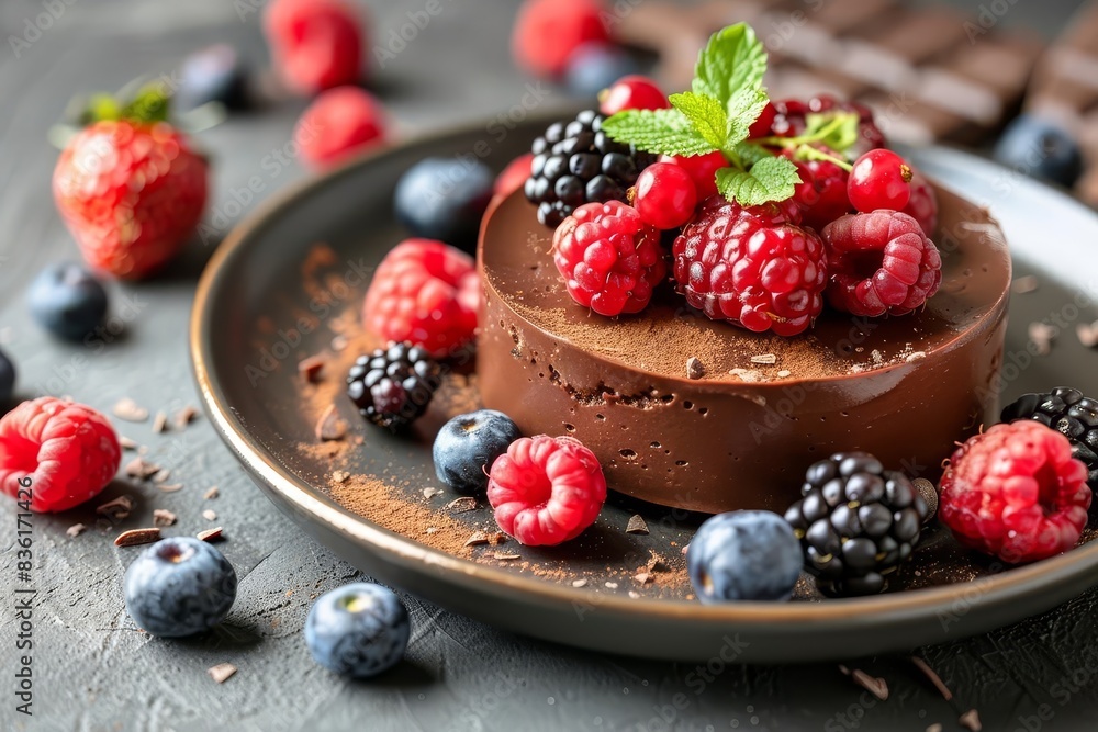 Artistic shot of a chocolate mousse with fresh berries on top Artistic shot of a chocolate mousse with fresh berries on top