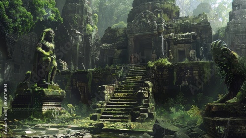 A hidden temple deep within a jungle, guarded by ancient statues and booby traps generated by AI photo