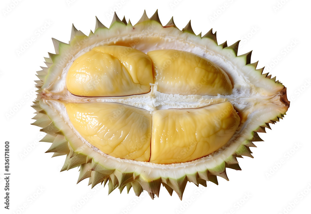 Fresh Ripe Durian, cross section of the durian fruit ,yellow rind and soft pincers inside, tall and long half-open durian with yellow pulp, Isolated on White Background Fresh Ripe Durian, cross section of the durian fruit ,yellow rind and soft pincers inside, tall and long half-open durian with yellow pulp, Isolated on White Background
