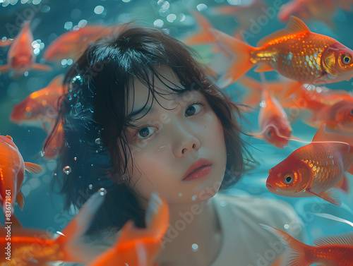 a girl with aquatic goldfish. She has short hair and is surrounded by goldfish.