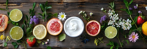 A close-up image showcasing natural beauty creams and lotions surrounded by fresh fruits, herbs, and flowers on a wooden table. Generative AI photo