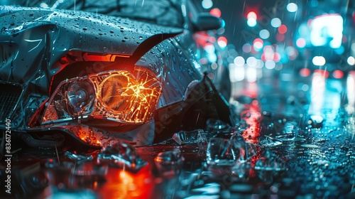 Close-up of a damaged car headlight after an accident on a rainy night, reflecting city lights.