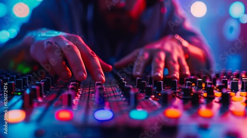 Close-up of a DJ's hands adjusting a mixing console with vibrant lights in the background, capturing the dynamic energy of a night club scene.