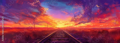 A railway leading into the distance under an orange and purple sunset sky.