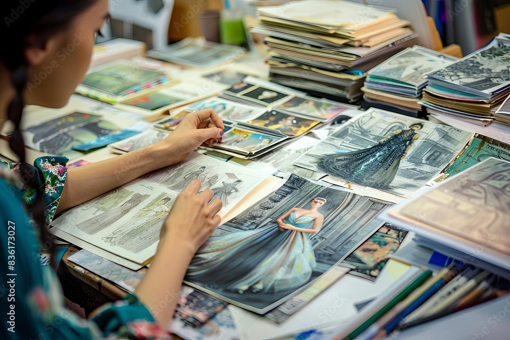 Woman looking through and organizing a large collection of vintage photographs and illustrations on a cluttered desk. Woman looking through and organizing a large collection of vintage photographs and illustrations on a cluttered desk.