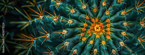 Selective focus close-up top-view shot on Golden barrel cactus photo