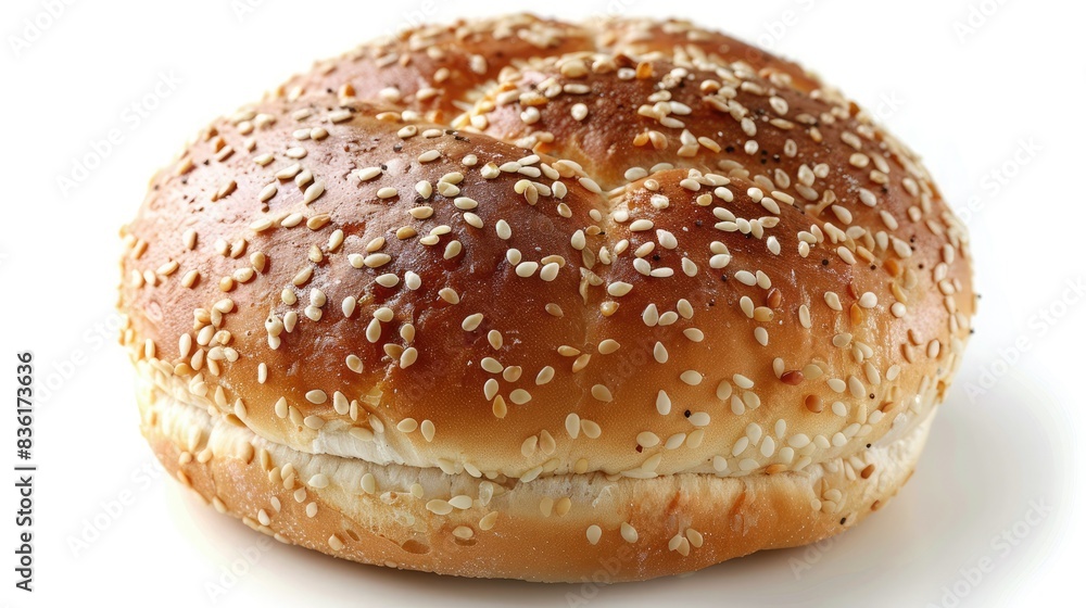 Close-up of a freshly baked sesame seed hamburger bun on a white background. Perfect for sandwich or burger recipes. Close-up of a freshly baked sesame seed hamburger bun on a white background. Perfect for sandwich or burger recipes.