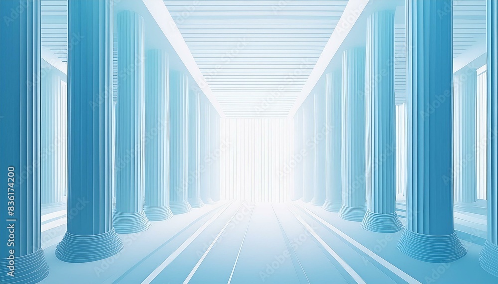 Tilted columns grace a serene, airy, wide-screen architectural banner, adorned in minimalistic white and light blue hues Tilted columns grace a serene, airy, wide-screen architectural banner, adorned in minimalistic white and light blue hues