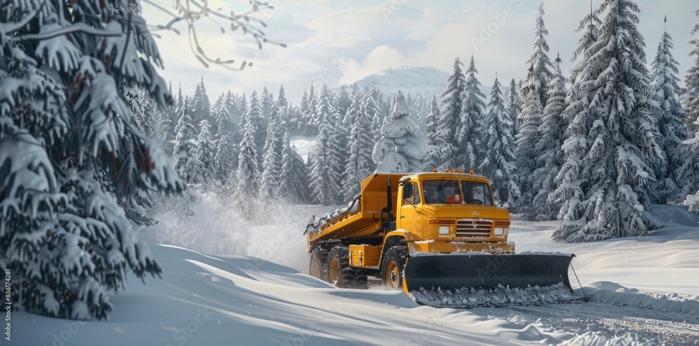 Yellow snow plow clearing the road in the winter forest, Yellow snow plow clearing the road in the winter forest,