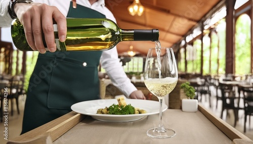 A waiter pours a glass of white wine into a wine glass in a restaurant. photo