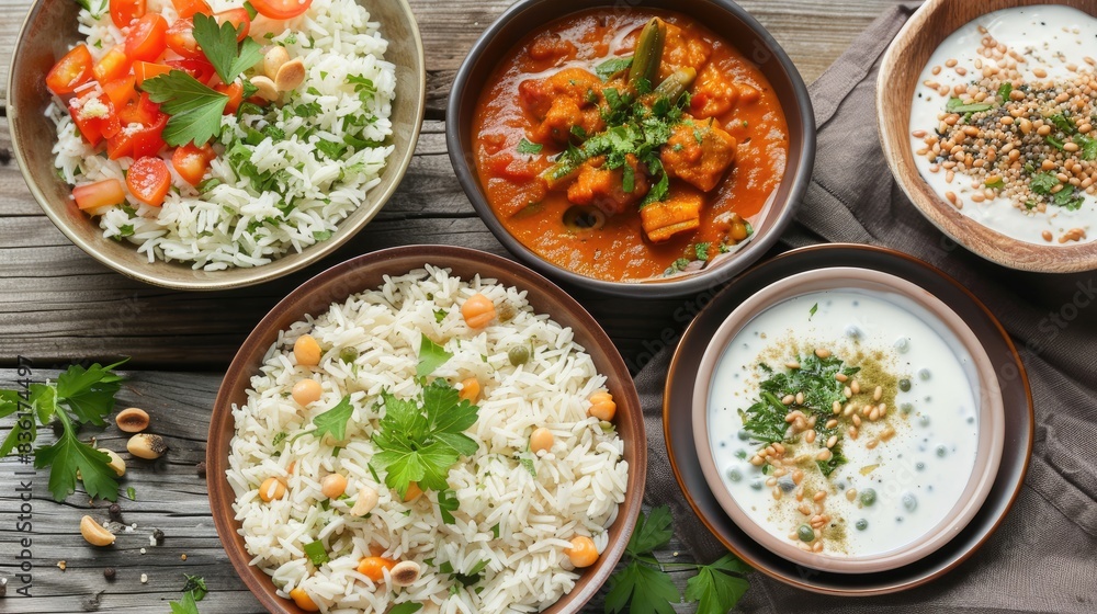 Tasty home cooked meals soup rice pilaf and yogurt drink