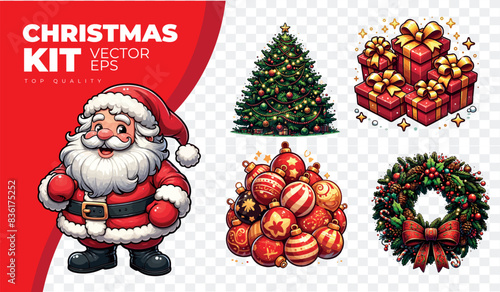 Christmas Kit: Santa Claus, Tree, Garland, Balls, gifts (made in AI and vectorized in Illustrator)