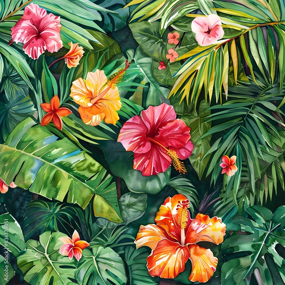 Naklejka premium Exquisite watercolor depiction of vibrant tropical flowers and lush green leaves, ideal for greeting card designs