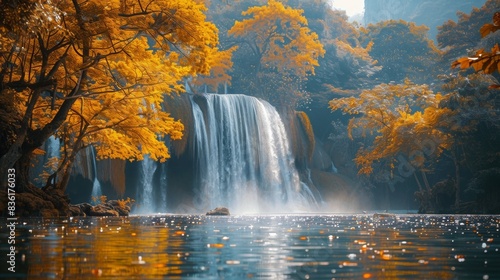 Waterfall in autumn forest at Erawan waterfall 