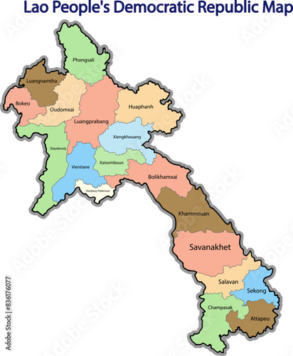 Lao People's Democratic Republic map with name  of provinces and colors