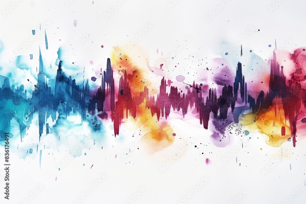 Fototapeta premium Abstract watercolor sound wave art with vibrant colors, blending blues, reds, and yellows, creating a dynamic and energetic visual effect.