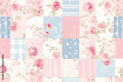 pastel-colored patchwork pattern with roses and various floral designs.