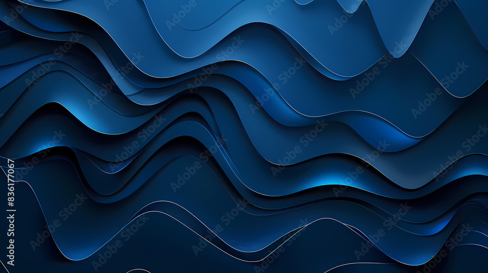 Fototapeta premium Abstract 3D layered design of wavy blue shapes creating a serene and dynamic visual texture, ideal for backgrounds or modern art elements.